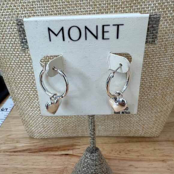 Monet Silver-Tone Hoop Earrings With Dangle Heart Charm - Picture 6 of 6